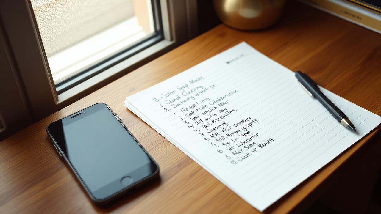 A handwritten list on lined paper next to a phone on a wooden desk