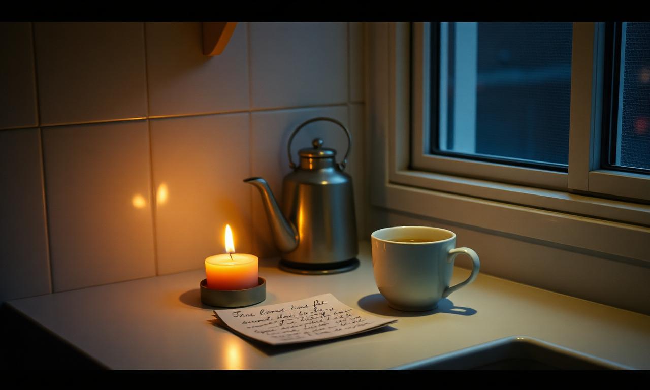 Quiet candlelit corner with a folded note and tea cup at dusk