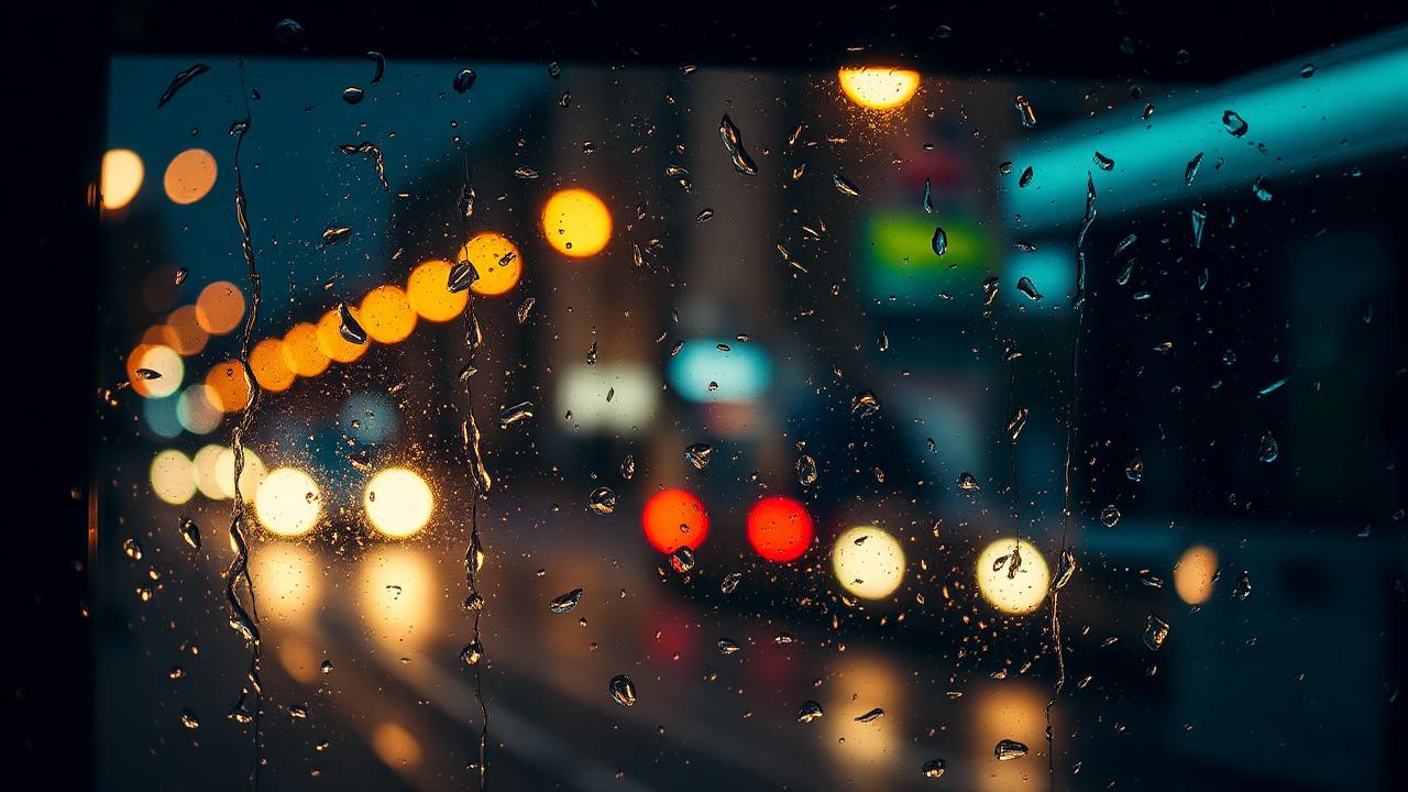 Rain on a bus shelter window with city lights blurred behind