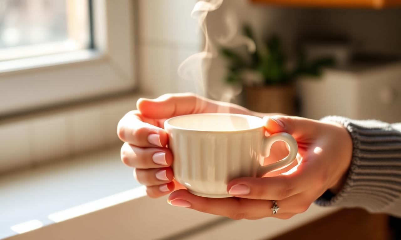 Hands holding a porcelain cup of tea with steam rising in soft morning light