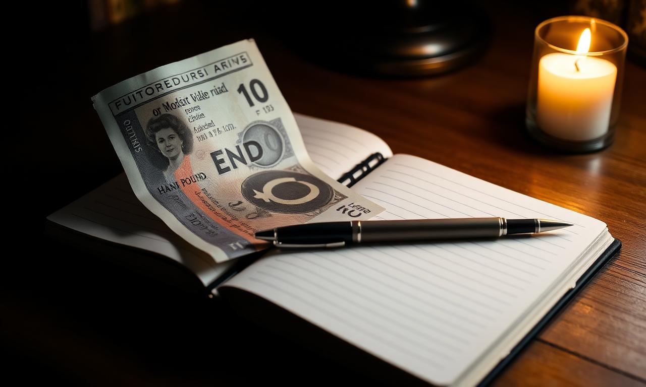 Folded ten pound note resting on an open notebook beside a pen and a candle