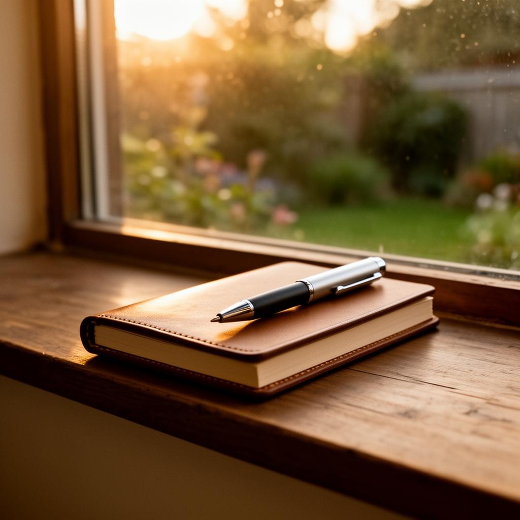 A small notebook and pen on a windowsill at golden hour