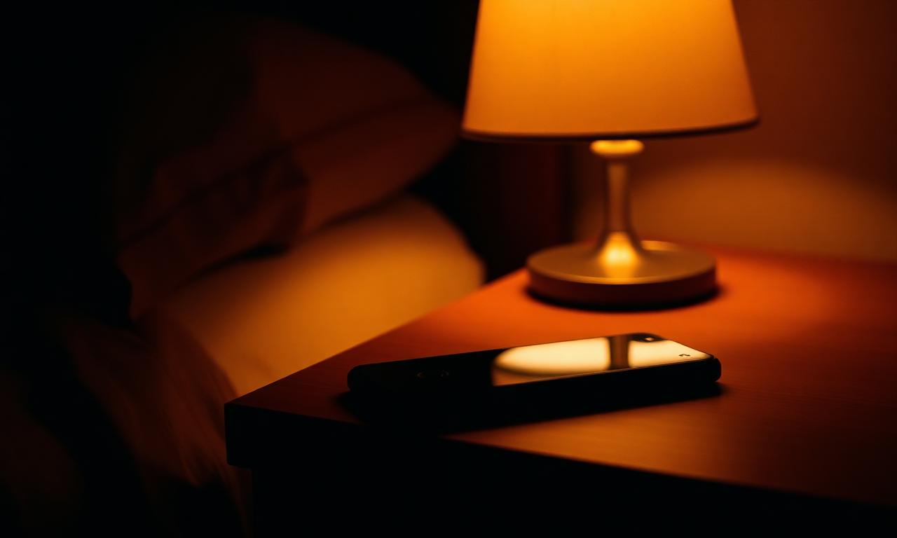 A phone face-down on a bedside table beside a low-burning lamp at night