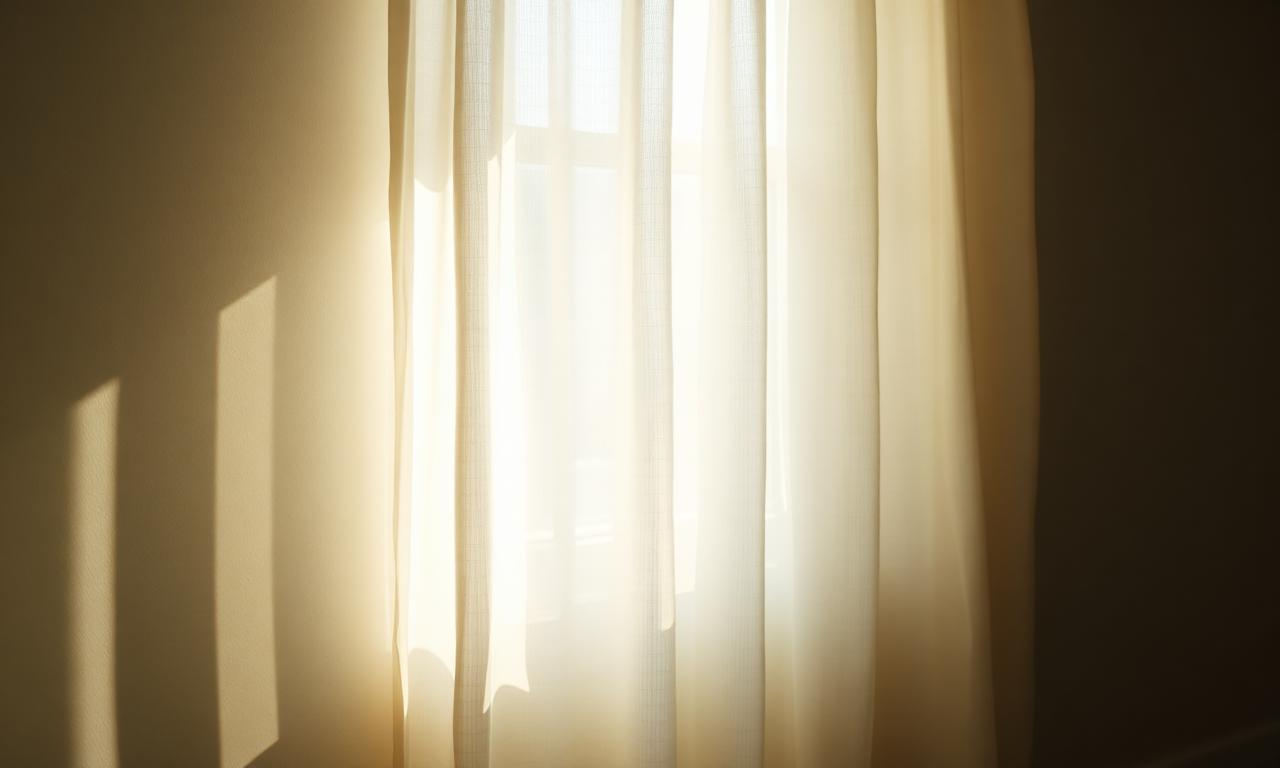 Soft morning light through a sheer curtain across a bedroom window