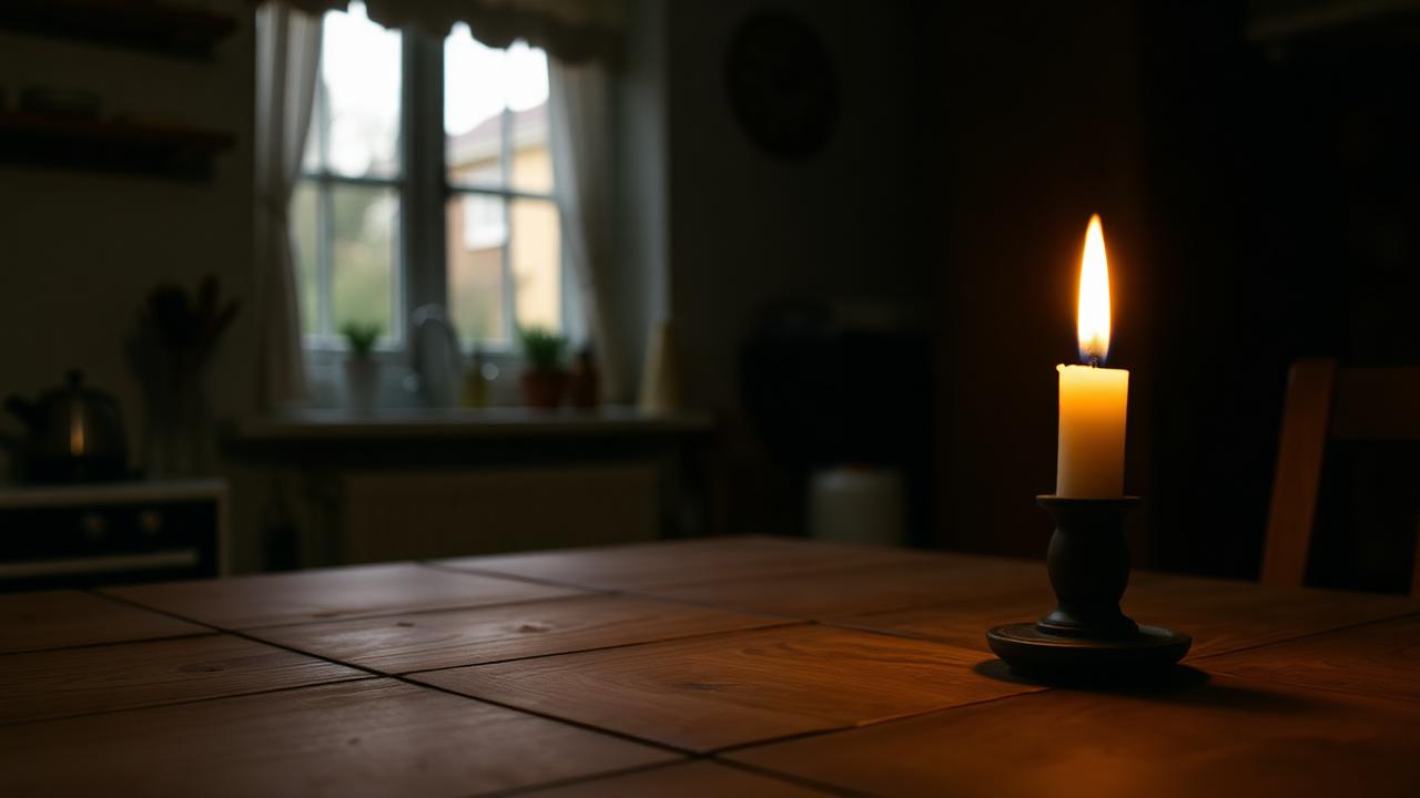 A single lit candle on a worn wooden kitchen table at night