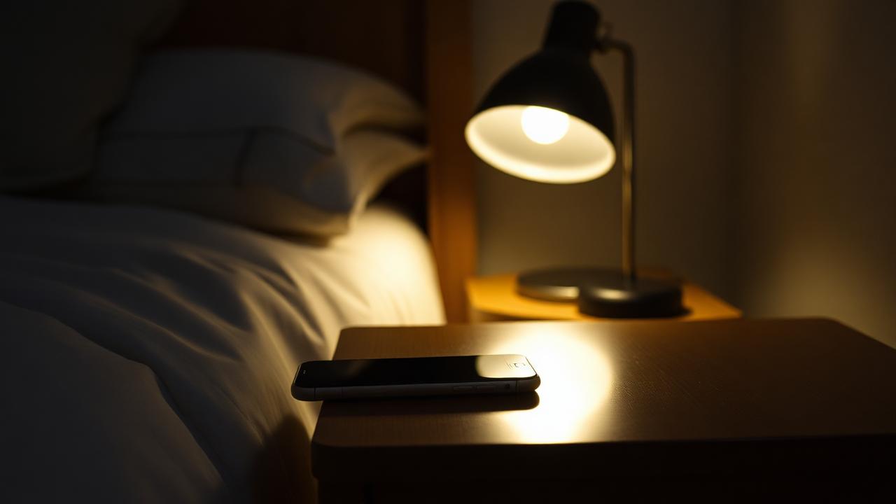 A phone face down on a bedside table next to a softly lit lamp