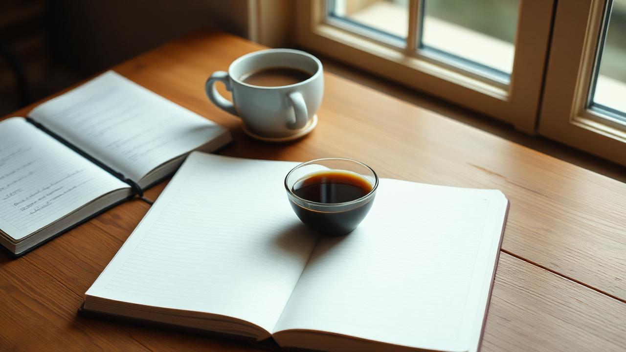 A small notebook open to a blank page beside a fresh cup of coffee