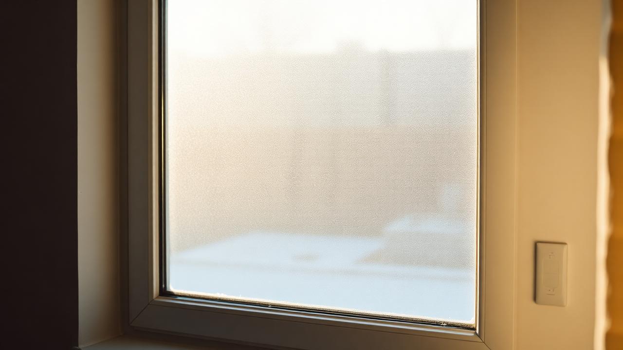 A frosted window pane catching early winter sunlight
