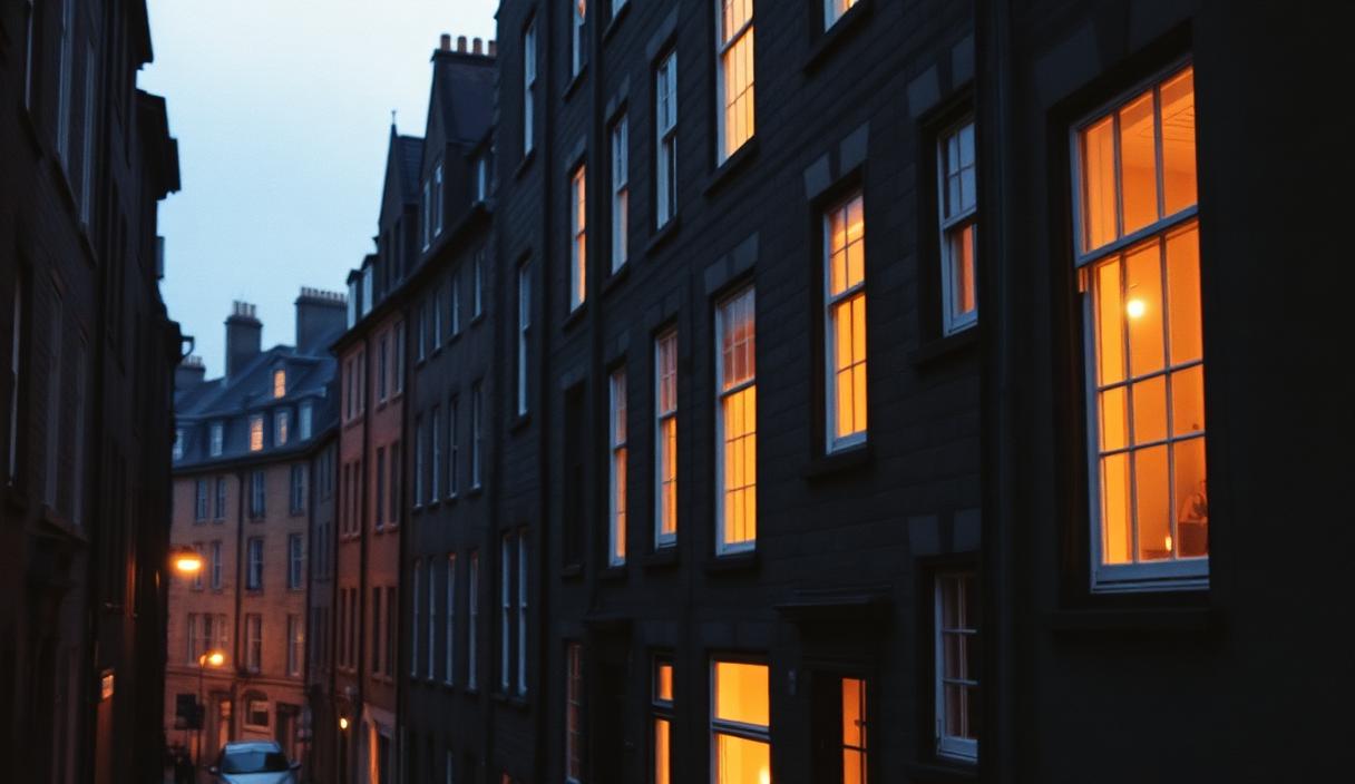 Quiet street scene evoking Edinburgh at dusk