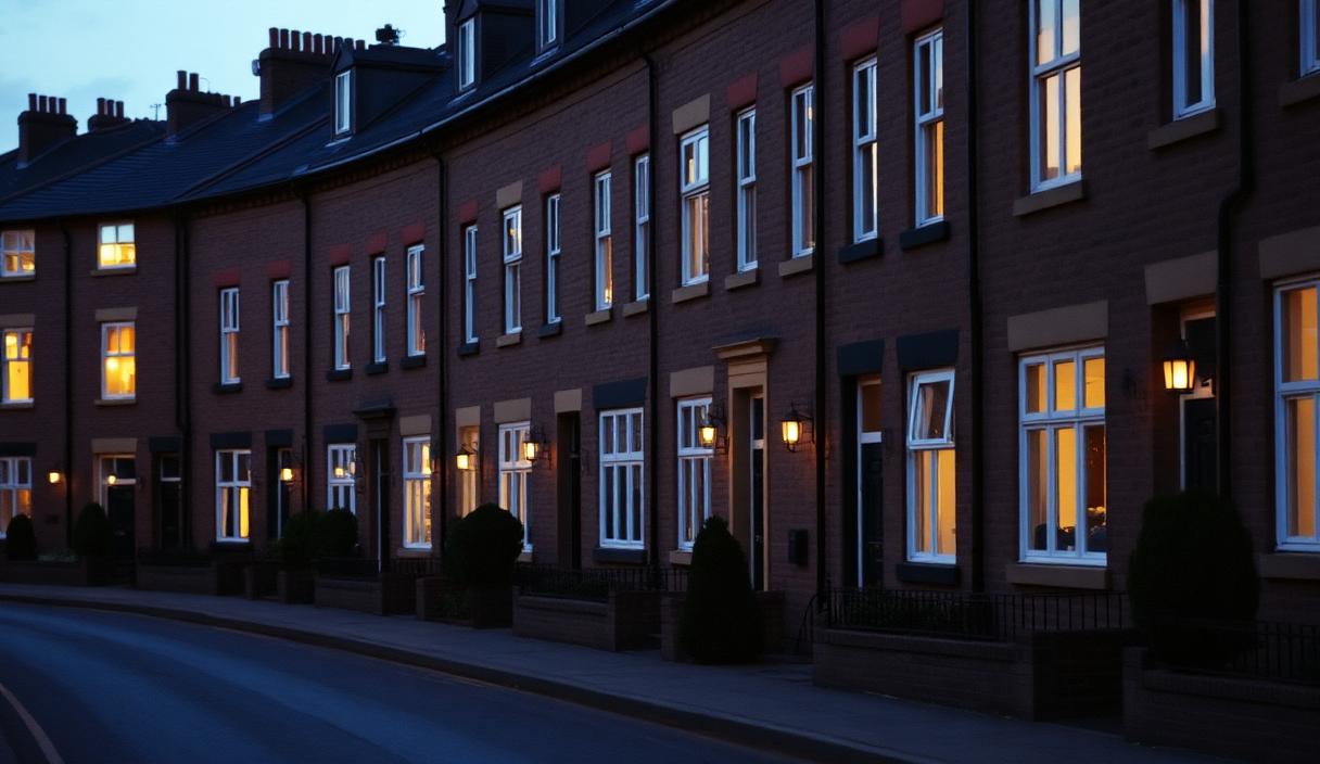Quiet street scene evoking Leeds at dusk