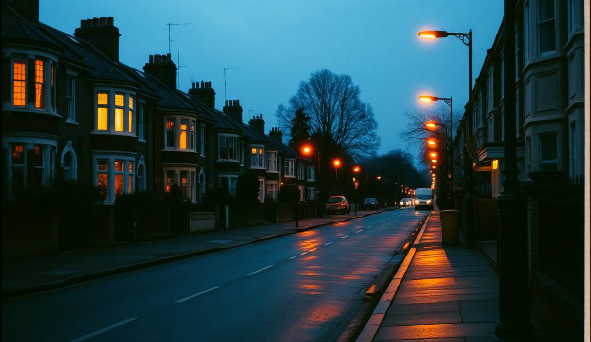 Quiet street scene evoking London at dusk