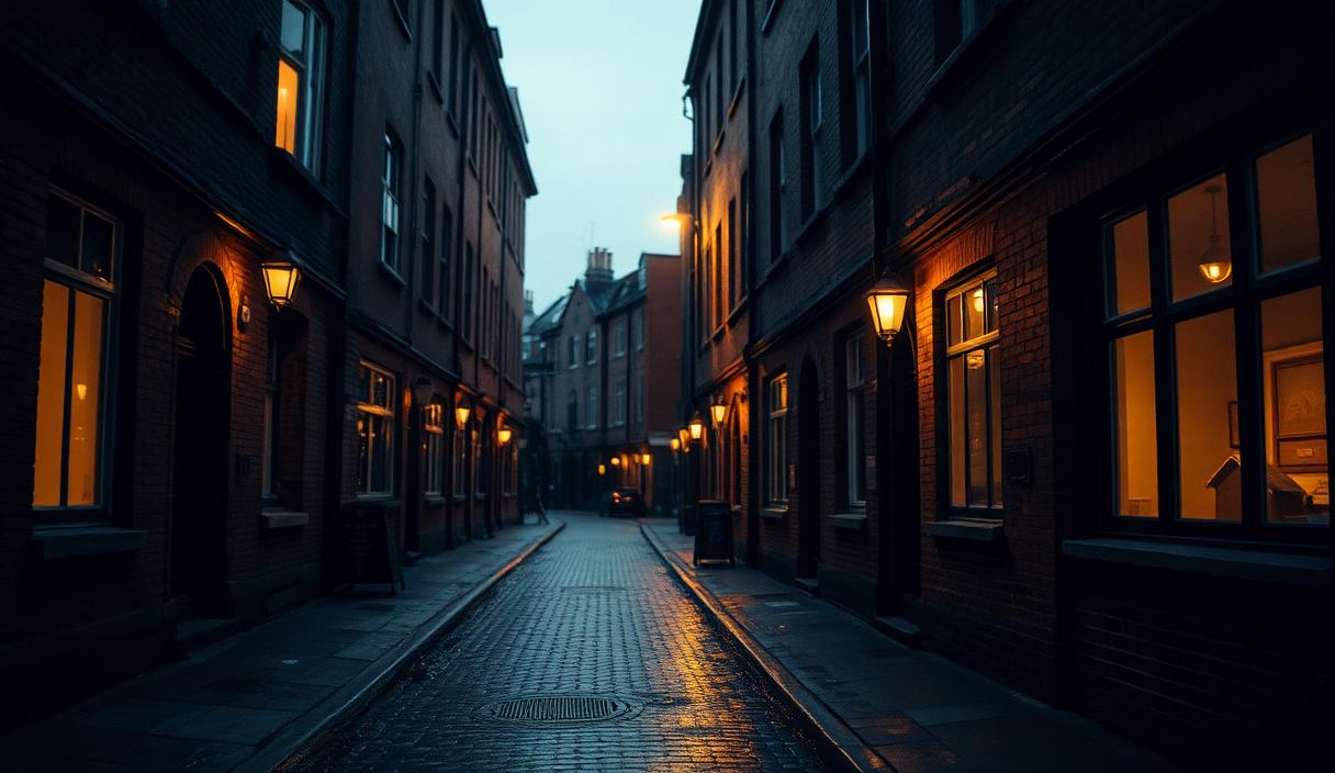 Quiet street scene evoking Manchester at dusk