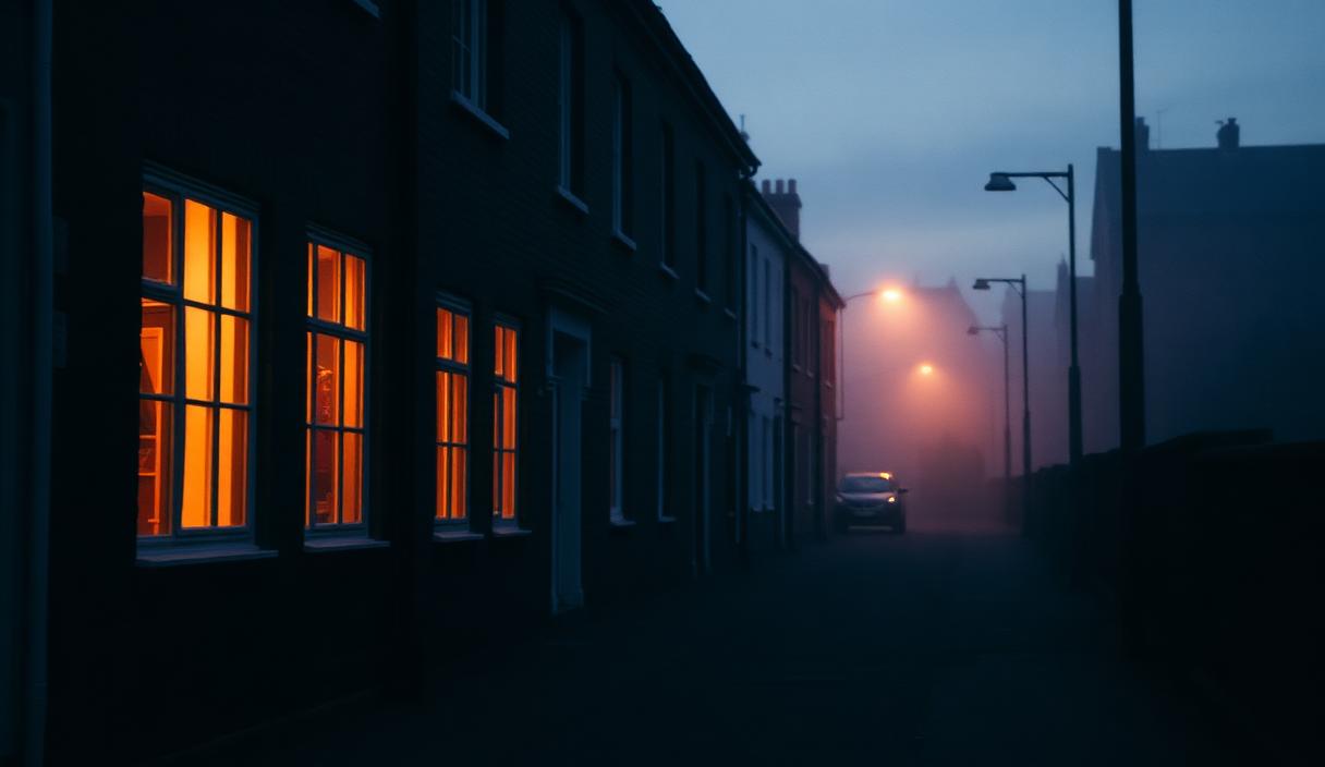 Quiet street scene evoking Newcastle at dusk