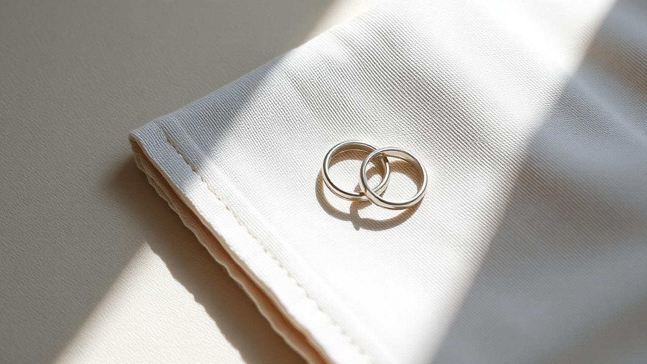 A pair of plain silver rings on a folded linen napkin