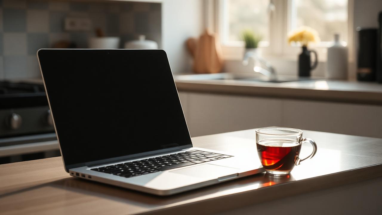 A laptop closed on a kitchen counter beside a cooling cup of tea