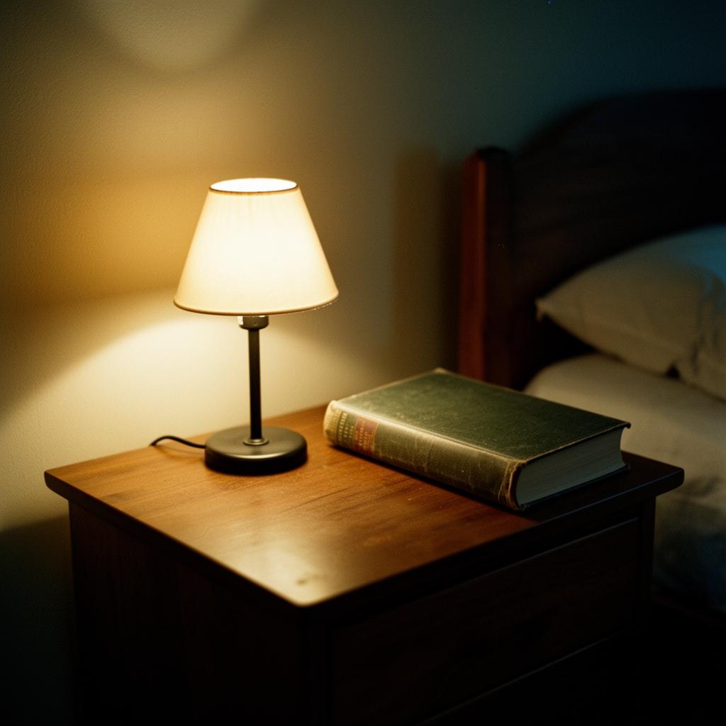 A single dim lamp on a bedside table next to a closed book