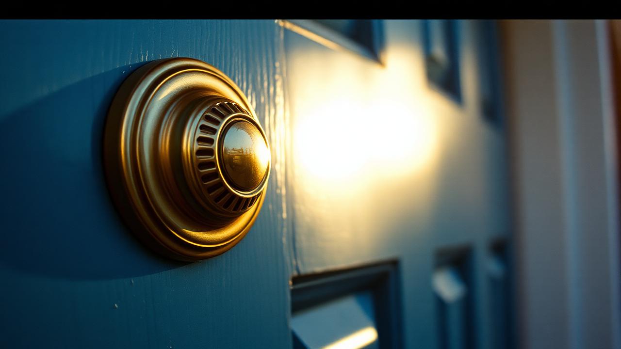A doorbell button on a painted front door catching late sun