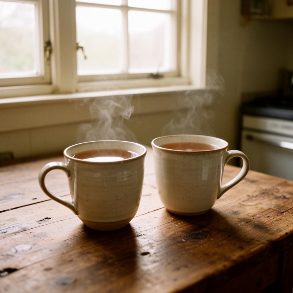 Two cups of tea on a kitchen table in soft morning light