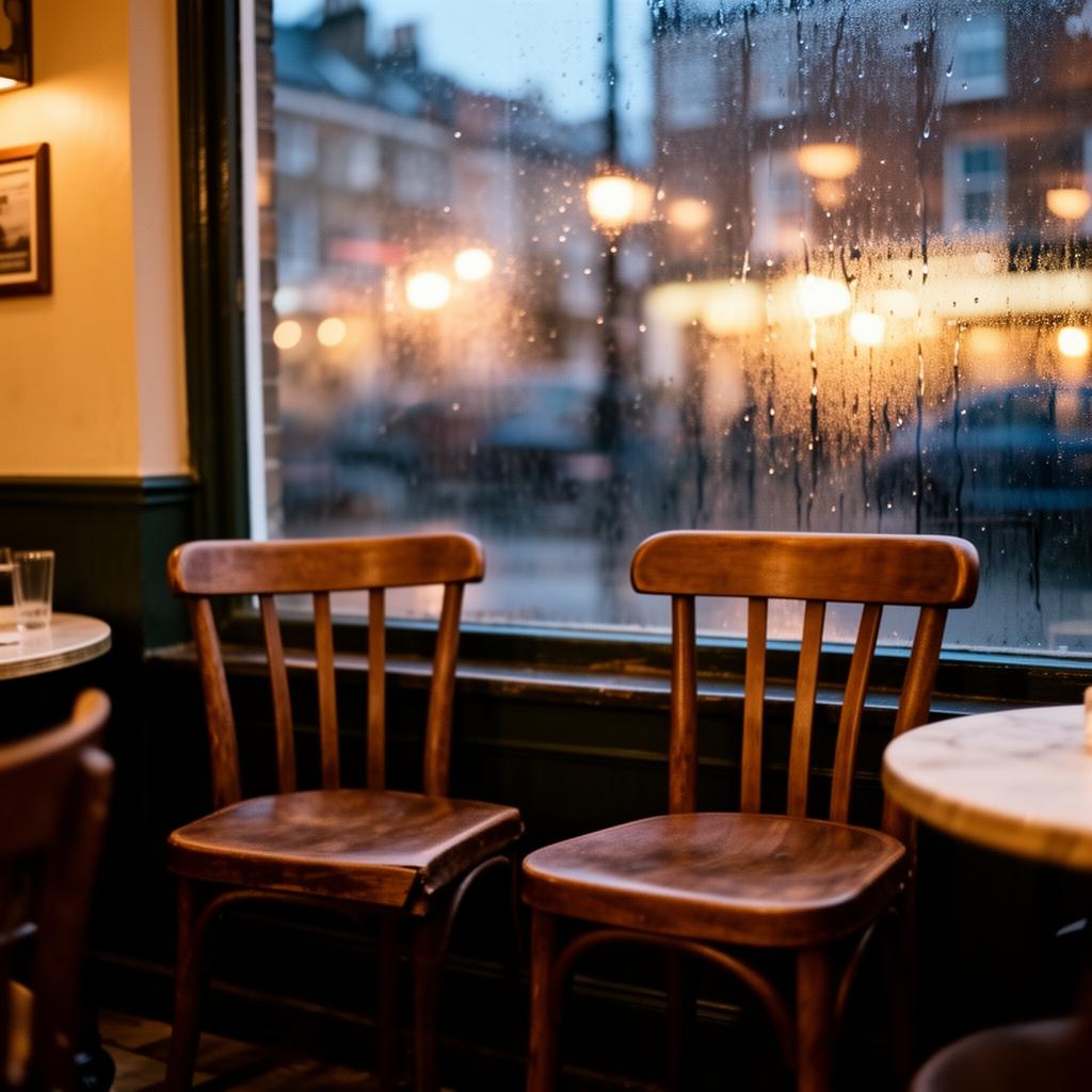 Two empty café chairs by a rain-streaked London window at dusk