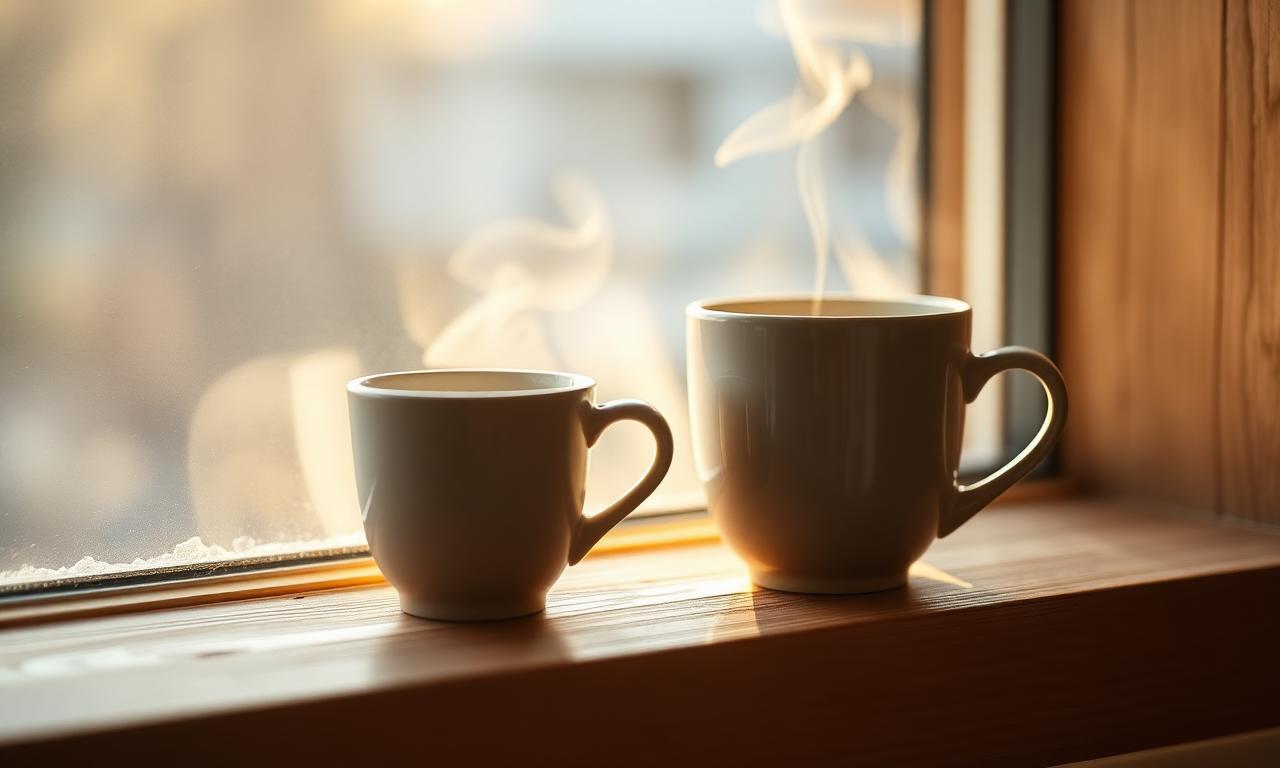 Two cups of coffee on a windowsill at dawn with soft golden light