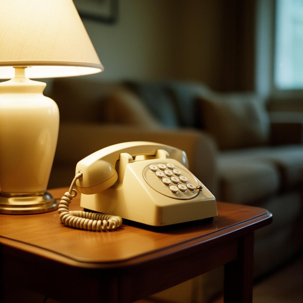 A vintage corded telephone on a small table in lamplight