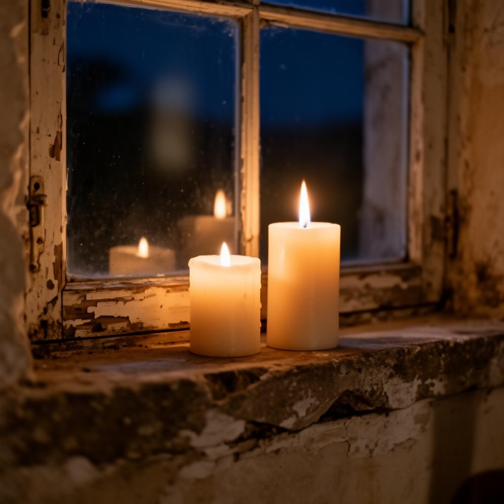 Two candles burning on a stone windowsill, one taller flame