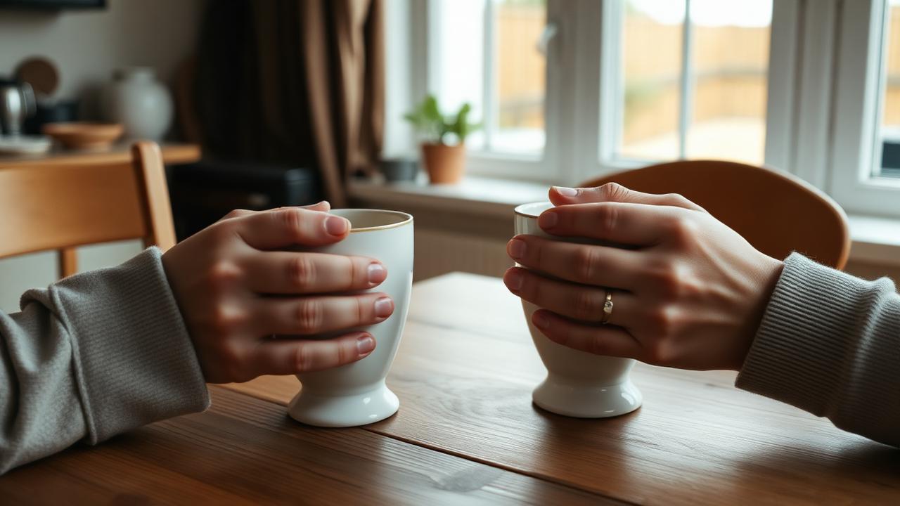 Two hands holding warm mugs on a wooden kitchen table